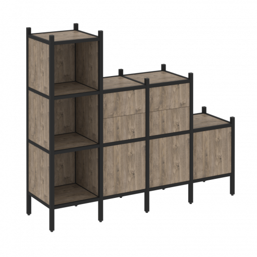 Loft Прямой стеллаж наборный VR.L-17 Тиквуд тёмный/Чёрный металл 1278*446*1458