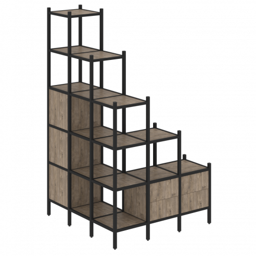 Loft Угловой внешний стеллаж наборный VR.L-59 Тиквуд тёмный/Чёрный металл 1278*1278*2280