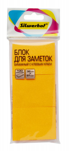 Блок самоклеящийся бумажный Silwerhof 38x51мм 100лист. 75г/м2 неон оранжевый европодвес (упак.:3шт)