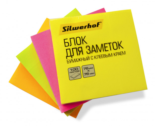 Блок самоклеящийся бумажный Silwerhof 682161-05 76x76мм 100лист. 75г/м2 неон желтый