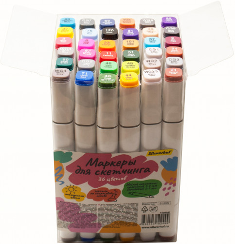 Набор маркеров для скетчинга Silwerhof двойной пиш. наконечник 1-7мм 36цв. блистер (36шт.)