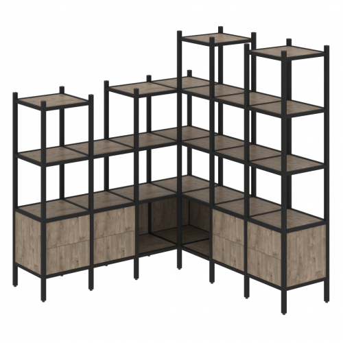 Loft Угловой внутренний стеллаж наборный VR.L-41 Тиквуд тёмный/Чёрный металл 1694*1694*1869