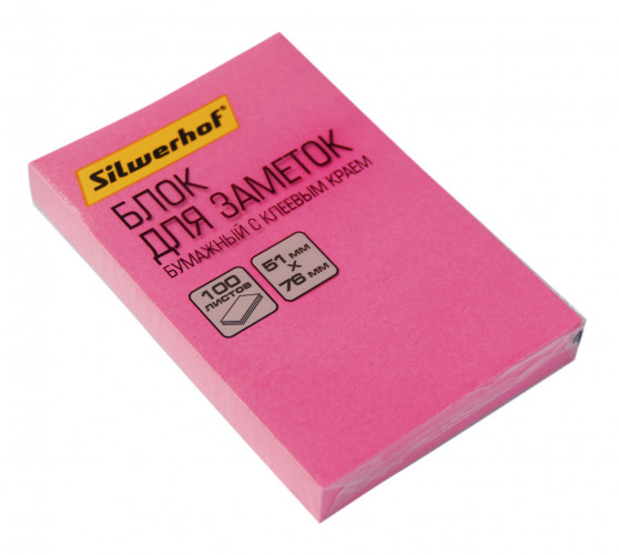Блок самоклеящийся бумажный Silwerhof 682160-03 51x76мм 100лист. 75г/м2 неон розовый