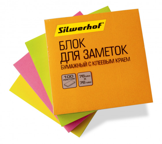 Блок самоклеящийся бумажный Silwerhof 682161-07 76x76мм 100лист. 75г/м2 неон оранжевый