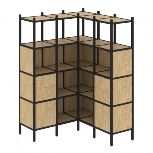 Loft Угловой внутренний стеллаж наборный VR.L-33 Тиквуд светлый/Чёрный металл 1278*1278*1869