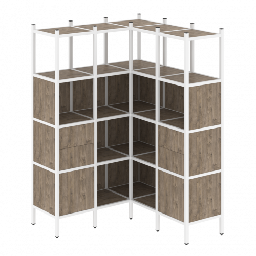 Loft Угловой внутренний стеллаж наборный VR.L-33 Тиквуд тёмный/Белый металл 1278*1278*1869