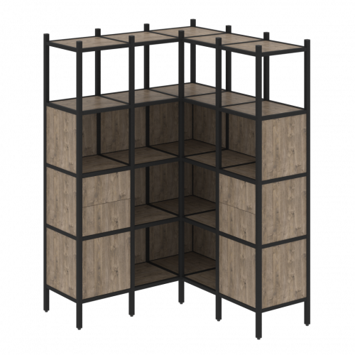 Loft Угловой внутренний стеллаж наборный VR.L-33 Тиквуд тёмный/Чёрный металл 1278*1278*1869