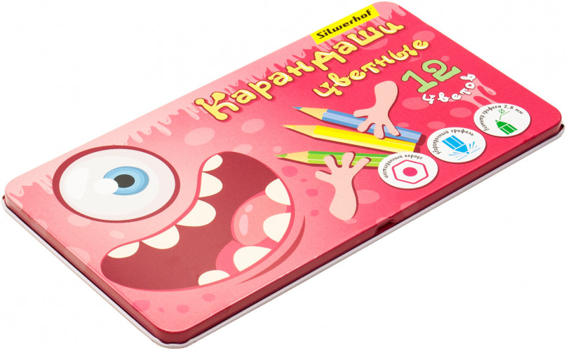 Карандаши цв. Silwerhof Монстрики 2.8мм шестигран. дерево ассорти 12цв. мет.кор.