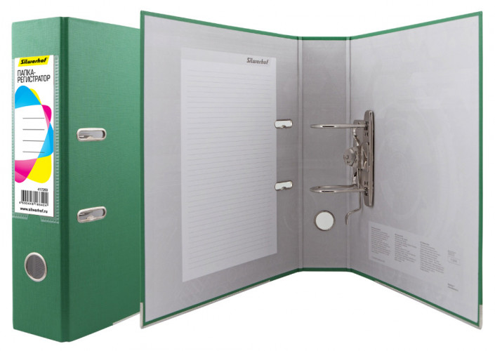 Папка-регистратор Silwerhof 355021-03 A4 75мм ПВХ/бумага зеленый мет.окант. сборная смен.карм. на кор.