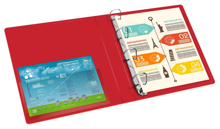 Папка на 4-х D-кольцах Бюрократ -0840/4DRED A4 пластик 0.8мм кор.40мм внутр. с вставкой красный