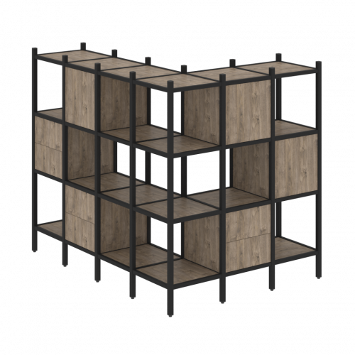 Loft Угловой внешний стеллаж наборный VR.L-52 Тиквуд тёмный/Чёрный металл 1694*1278*1458