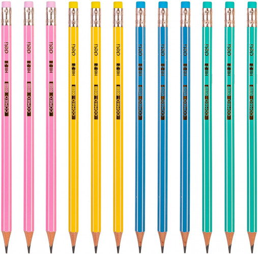 Карандаш ч/г Deli EC011-HB Comiko HB шестигран. липа ассорти кор.европод. (12шт) ластик