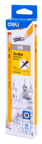 Карандаш ч/г Deli EC003-HB Scribe HB шестигран. тополь желтый карт.кор. (12шт) ластик