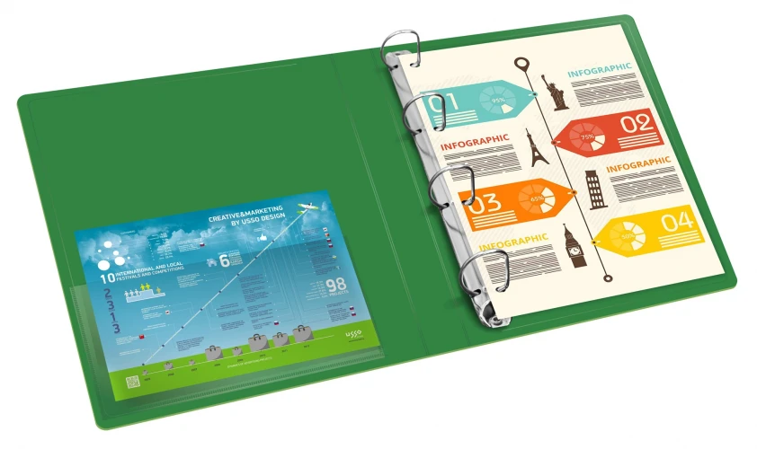 Папка на 4-х D-кольцах Бюрократ -0840/4DGRN A4 пластик 0.8мм кор.40мм внутр. с вставкой зеленый