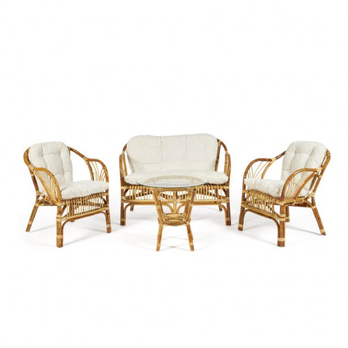 КОМПЛЕКТ " NEW BOGOTA ECO SKIN " ( диван + 2 кресла + стол со стеклом ) /с подушками/, ротанг, кр:61х67х78,5см, дв:108х66х78,5см, ст:D60х56,5см, Natural (натуральный)