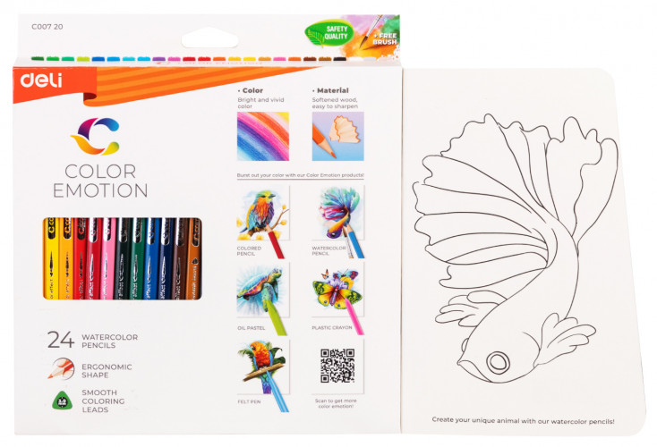 Карандаши цв. Deli EC00720 Color Emotion акварель. липа 24цв. коробка/европод. (24шт)