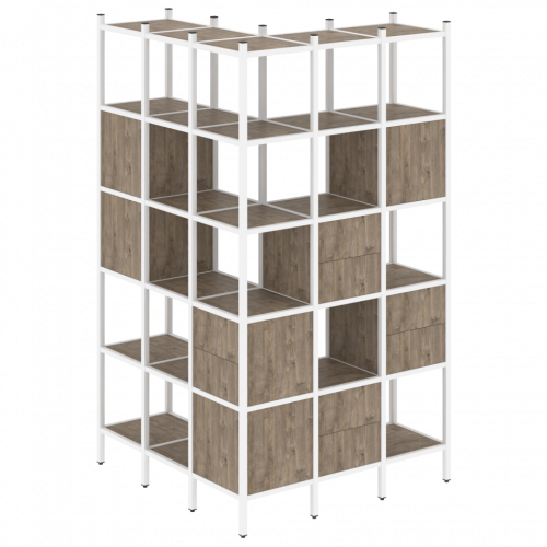 Loft Угловой внешний стеллаж наборный VR.L-53 Тиквуд тёмный/Белый металл 1278*1278*2280