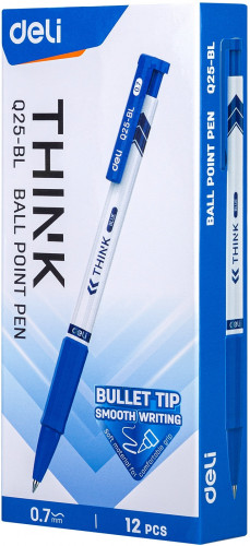 Набор ручек шариков. автоматическая Deli Think EQ25-BL-P белый/синий d=0.7мм син. черн. кор.карт. (12шт) резин. манжета