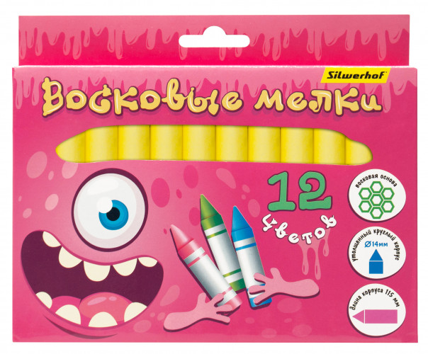 Восковые мелки Silwerhof Jumbo Монстрики круглые 12цв. дл.115ммд.14мм картон.кор.