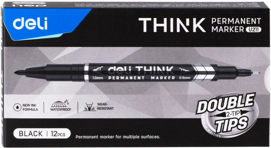 Маркер перманентный Deli EU211-BK Think двойной пиш. наконечник 0.5-1мм черный