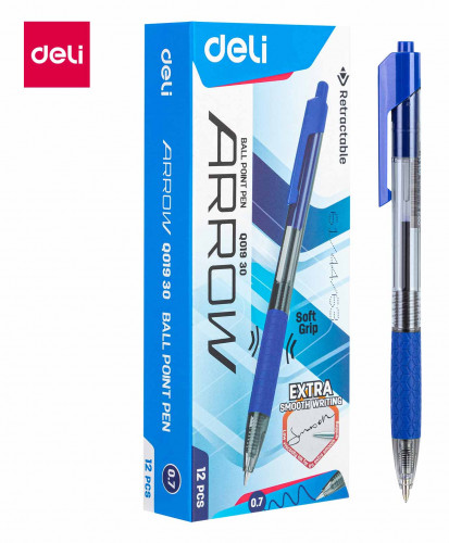 Набор ручек шариков. автоматическая Deli Arrow EQ01930-P прозрачный/синий d=0.7мм син. черн. (12шт) резин. манжета