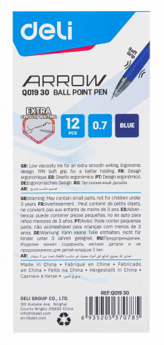 Набор ручек шариков. автоматическая Deli Arrow EQ01930-P прозрачный/синий d=0.7мм син. черн. (12шт) резин. манжета