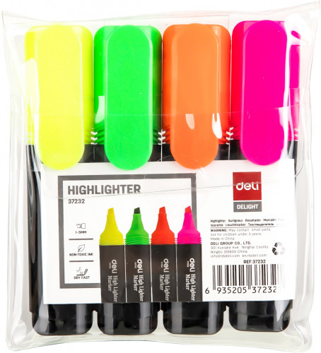 Набор текстовыделителей Deli E37232 Delight скошенный пиш. наконечник 1-5мм 4цв. пакет с европодвесом (4шт.)