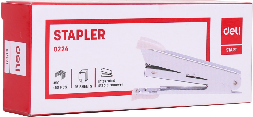 Степлер Deli E0224 Start N10 (15листов) встроенный антистеплер ассорти 50скоб коробка
