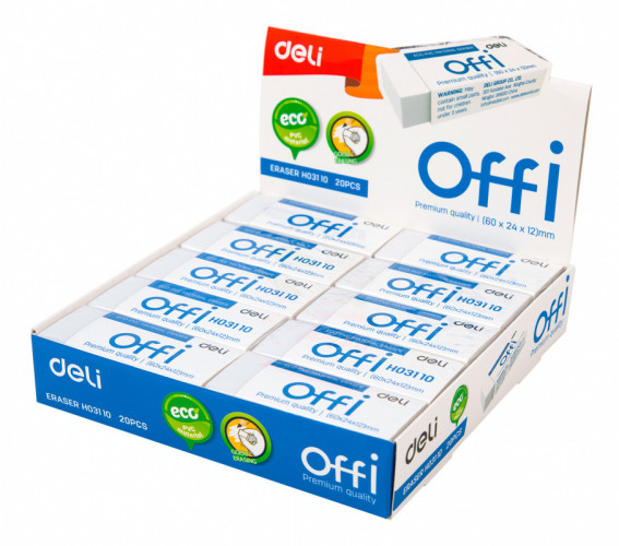 Ластик Deli EH03110 Offi 60x24x12мм ПВХ белый индивидуальная картонная упаковка