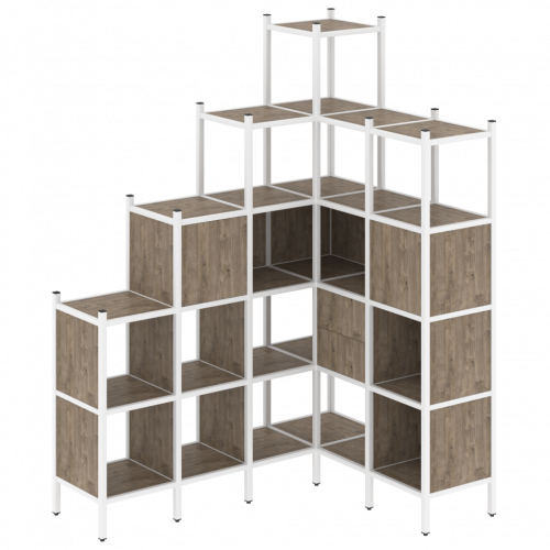 Loft Угловой внутренний стеллаж наборный VR.L-44 Тиквуд тёмный/Белый металл 1694*1278*2280