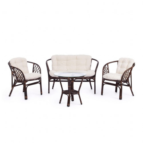 Комплект для отдыха "BAHAMA" (диван + 2 кресла + стол со стеклом ) /с подушками/, walnut (грецкий орех)