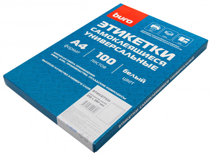 Этикетки Buro A4 210x297мм 1шт на листе/100л./белый матовое самоклей. универсальная