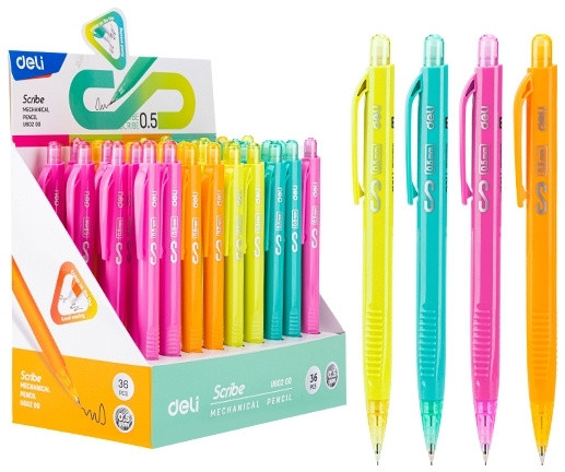 Набор карандашей мех. Deli EU60200-P Scribe 0.5мм трехгран. пластик ассорти дисплей (36шт) ластик
