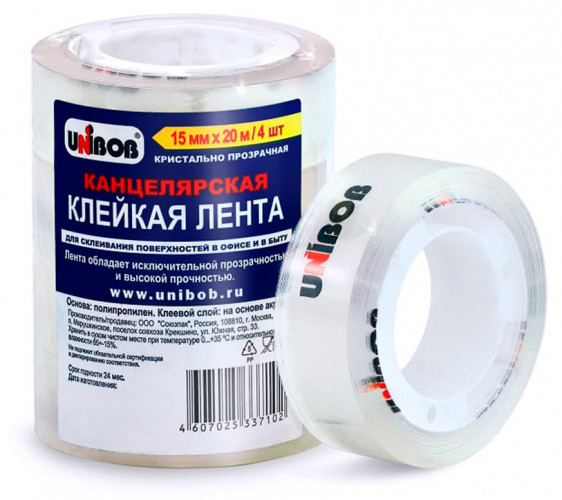 Клейкая лента канцелярская Unibob 51327 кристально-прозрачная шир.15мм дл.20м полипропилен спайка (упак.:4шт)
