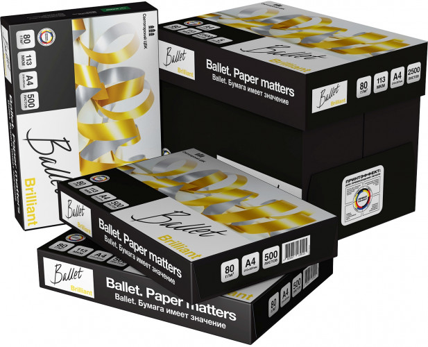 Бумага Ballet Brilliant A+ A4 марка A+/80г/м2/500л./белый CIE168% матовое для лазерной печати