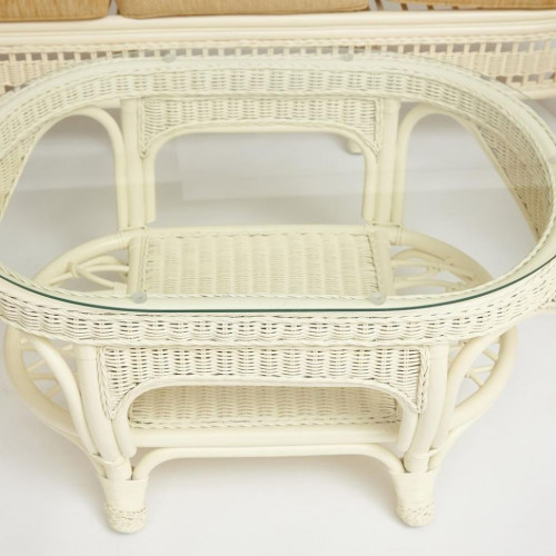 КОМПЛЕКТ для отдыха "MICHELLE" ( стол со стеклом+ диван + 2 кресла + подушки), TCH White (белый), Ткань рубчик, цвет кремовый