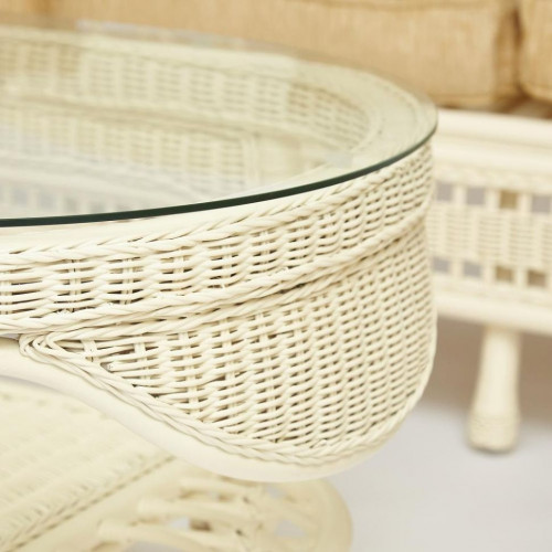 КОМПЛЕКТ для отдыха "MICHELLE" ( стол со стеклом+ диван + 2 кресла + подушки), TCH White (белый), Ткань рубчик, цвет кремовый