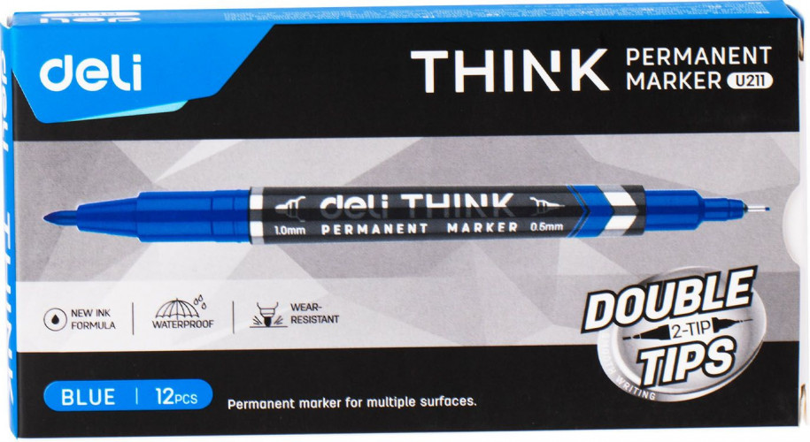 Маркер перманентный Deli EU211-BL двойной пиш. наконечник 0.5-1мм синий