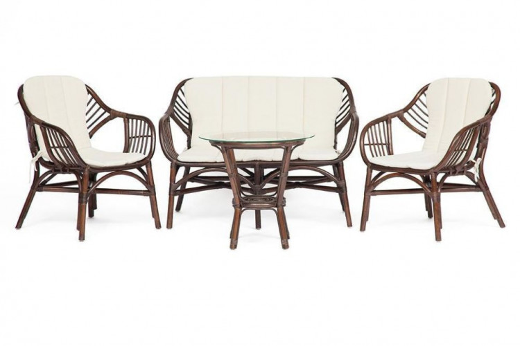 Комплект для отдыха SONOMA ( стол круглый (со стеклом)+2 кресла+диван ) /с подушками/, ротанг, кр:63х69х79см, дв:112х69х79см, ст:D50х56,5см, walnut (грецкий орех)