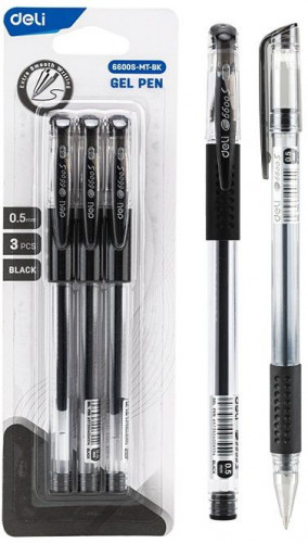 Набор ручек гелев. Deli Daily E6600S-MT-BK прозрачный/черный d=0.5мм черн. черн. блистер (3шт) сменный стержень кругл. резин. манжета