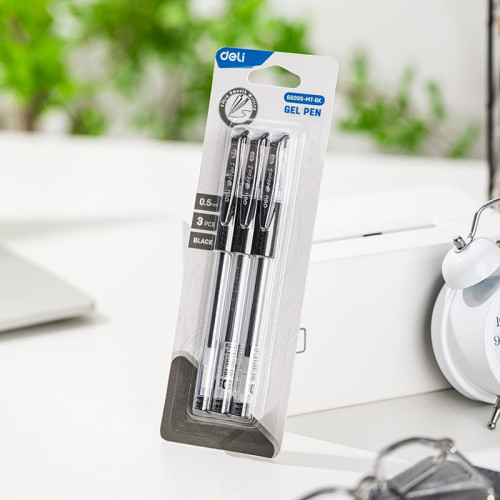 Набор ручек гелев. Deli Daily E6600S-MT-BK прозрачный/черный d=0.5мм черн. черн. блистер (3шт) сменный стержень кругл. резин. манжета