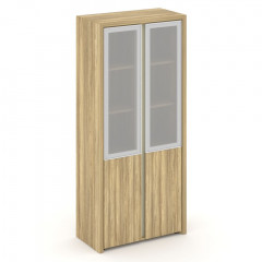 Corner Шкаф высокий широкий (2 низ. фасада ЛДСП+2 сред. фасада стеклов раме) COR.ST-1.2R Гикори песочный/Ваниль/Сатин стекло/Ваниль металл 900*450*2000