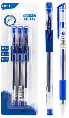 Набор ручек гелев. Deli Daily E6600S-MT-BL прозрачный/синий d=0.5мм син. черн. блистер (3шт) сменный стержень кругл. резин. манжета