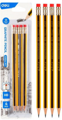 Набор карандашей ч/г Deli EC004-MT Scribe 2.4мм HB шестигран. тополь блистер (4шт) ластик