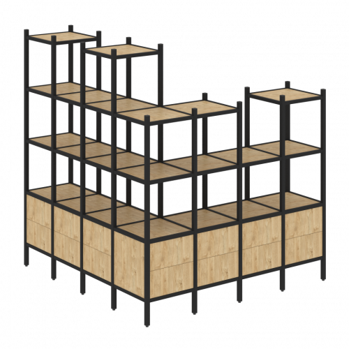 Loft Угловой внешний стеллаж наборный VR.L-55 Тиквуд светлый/Чёрный металл 1694*1694*1869