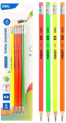 Набор карандашей ч/г Deli EU51600-MT Neon 2.2мм HB трехгран. тополь ассорти блистер (4шт) ластик