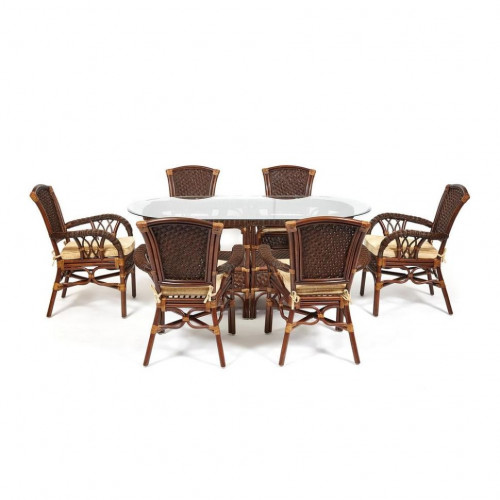 Комплект обеденный "ANDREA GRAND" (стол со стеклом+6 кресел+ подушки), Pecan Washed (античн. орех), Ткань рубчик, цвет кремовый