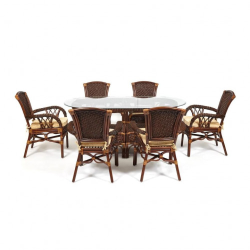 Комплект обеденный "ANDREA GRAND" (стол со стеклом+6 кресел+ подушки), Pecan Washed (античн. орех), Ткань рубчик, цвет кремовый