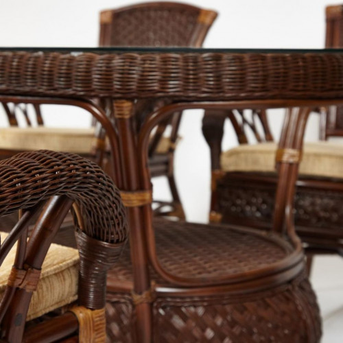 Комплект обеденный "ANDREA GRAND" (стол со стеклом+6 кресел+ подушки), Pecan Washed (античн. орех), Ткань рубчик, цвет кремовый