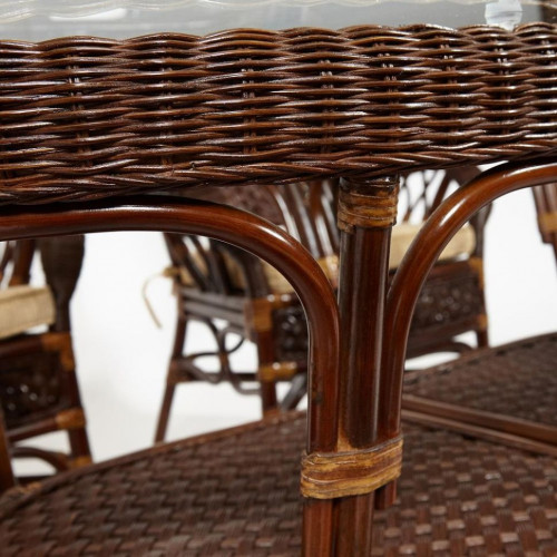 Комплект обеденный "ANDREA GRAND" (стол со стеклом+6 кресел+ подушки), Pecan Washed (античн. орех), Ткань рубчик, цвет кремовый